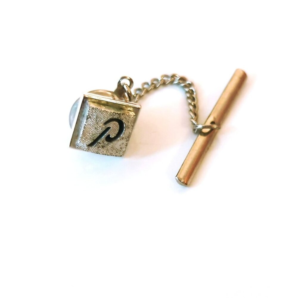 Swank Tie Clasp Chain Tack Silver Tone Monogram Letter P Square Block Vintage